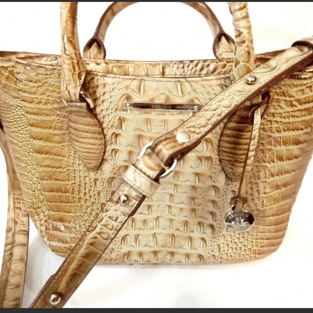 Brahmin Croc Embossed Leather Shoulder Satchel Bag Crossbody Tan EUC - Picture 6 of 9